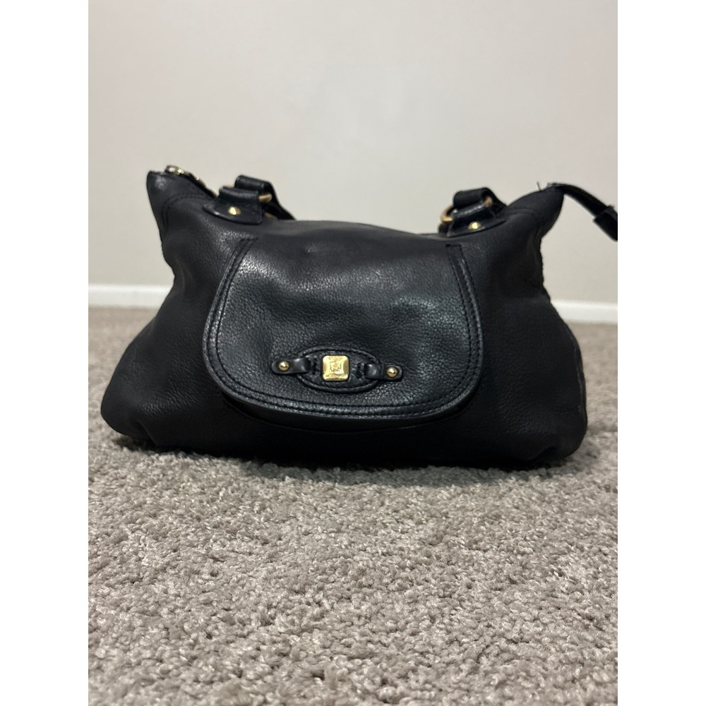 Stone Mountain Black‎ Pebbled Leather Satchel Shoulder Bag Gold Hardware Tote